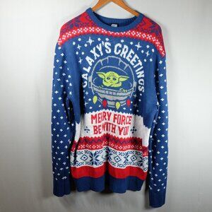 Star Wars Baby Yoda Ugly Christmas Long Sleeve Sweater Size XL Blue Red White